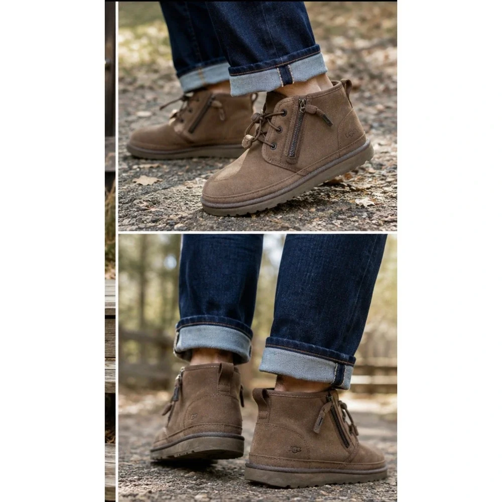 UGG Neumel Zip Suede Chukka Boots Brown Toggle Lace Side Zip Mens 1112481